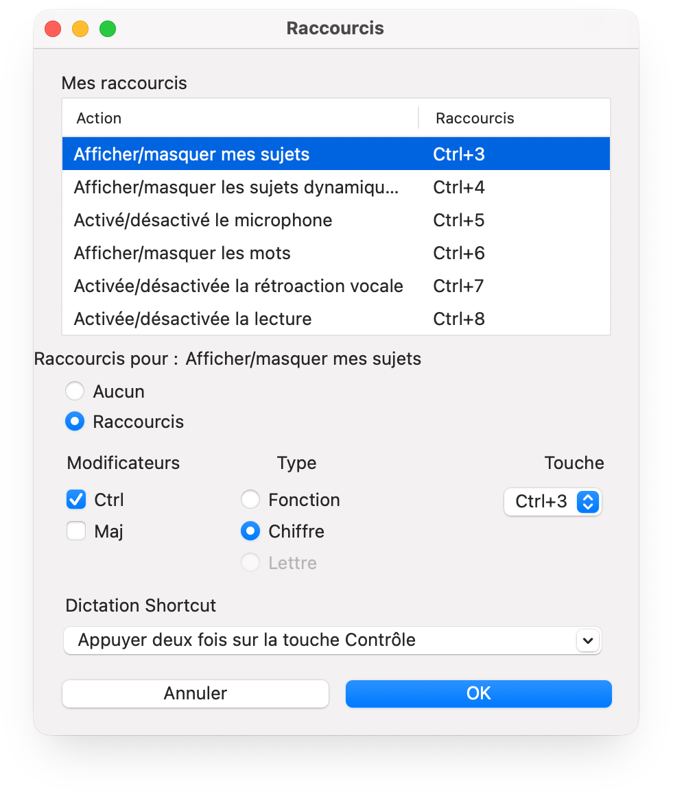Touches de raccourci